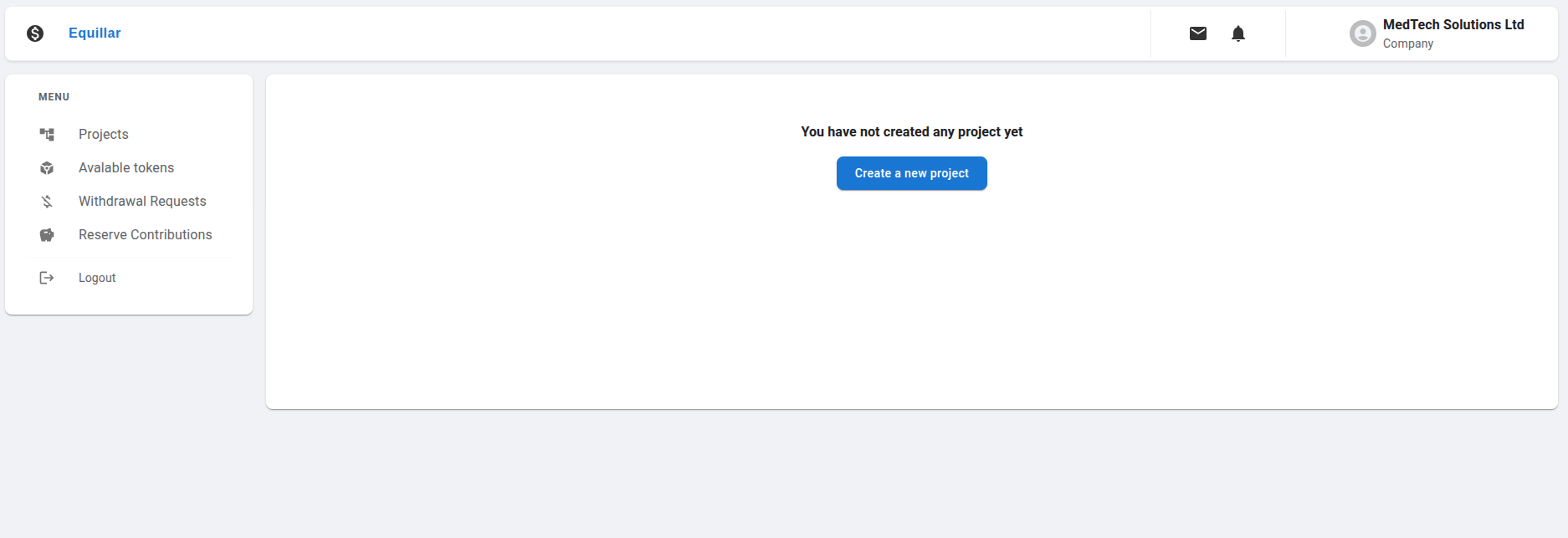 Company empty projects page with Create project button