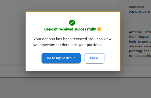 Investor successful deposit modal